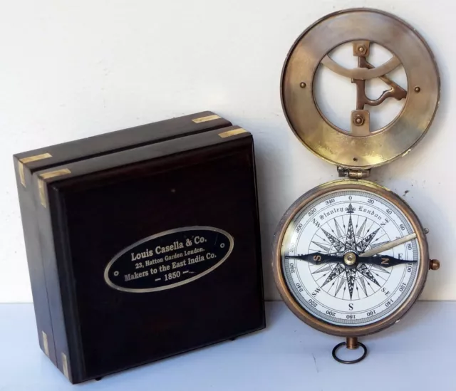 Antik Messing Nautisch Vintage West London Sonnenuhr Kompass Rosewood Holzkiste