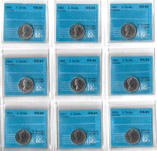 Canada - A Collection of 9 Very Choice BU 3rd Party Graded Nickels - No Reserve!