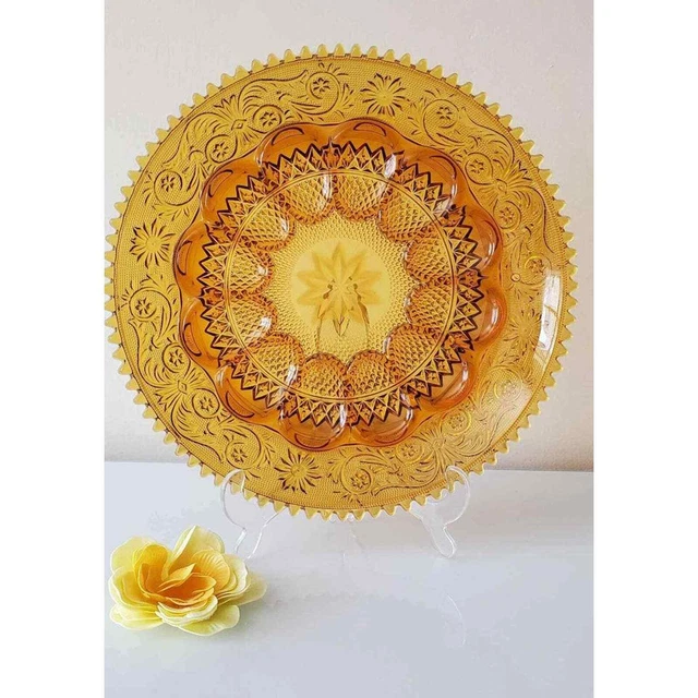 Vintage Indiana Tiara 12" Amber Glass Hard Egg Serving Tray Platter Sawtooth Rim