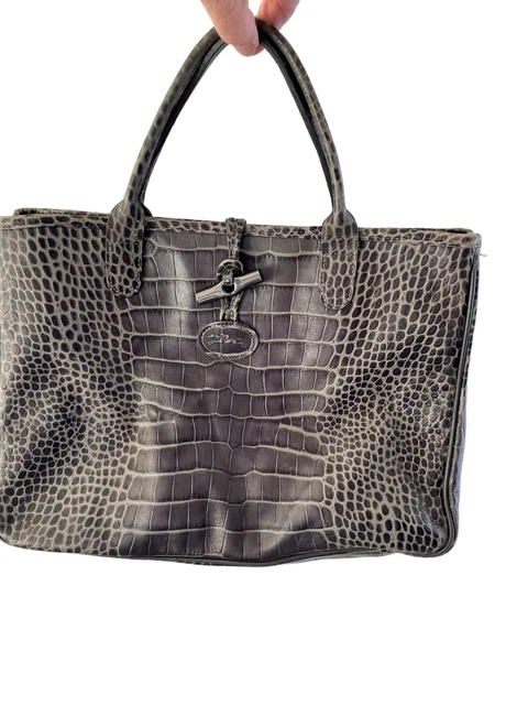 LONGCHAMP CROC EMBOSSED ROSEAU Leather Handbag Tote Gray Bag Purse 13”x9” 2