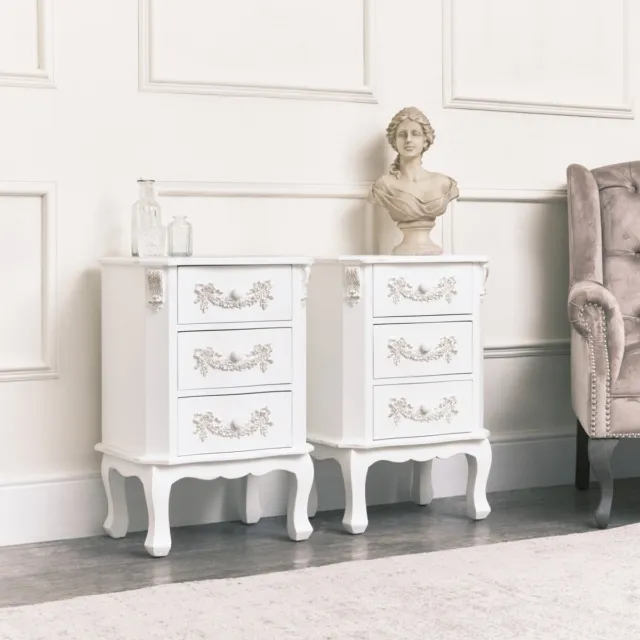 Pair of Ornate white French bedside chest drawers vintage chic bedroom furniture