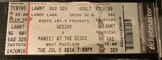 Weezer Panic At The Disco unused Concert Ticket 07/05/2016 Camden NJ Stub