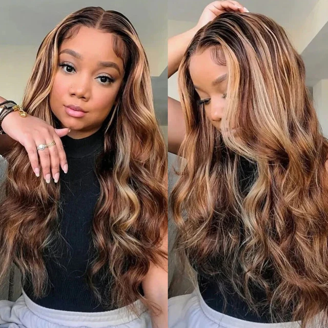 Peruvian Ombre Highlight Blonde Body Wave Lace Front Human Hair Wigs Pre Plucked