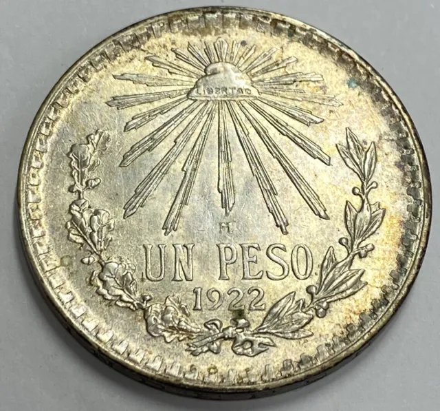 1922 UN PESO - Mexico Silver .720 Higher Grade Original Coin Unc Details