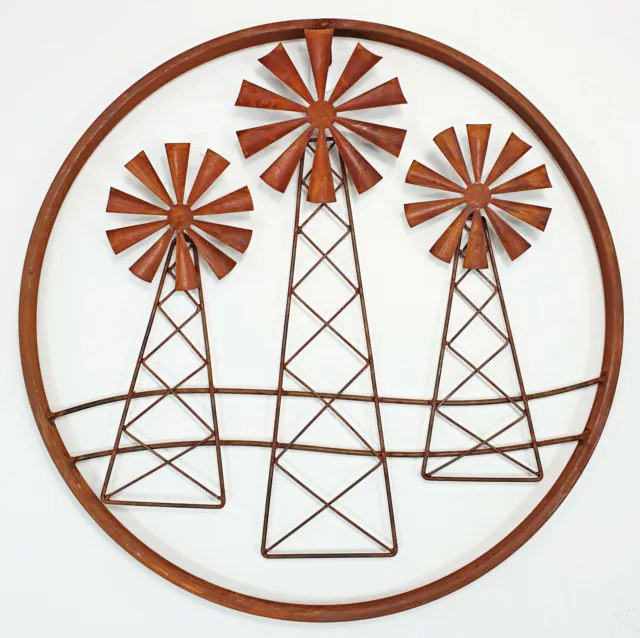Trio of Windmill Metal Hanging Wall Art Rust Rustic Laser Cut Home Décor 50 cm
