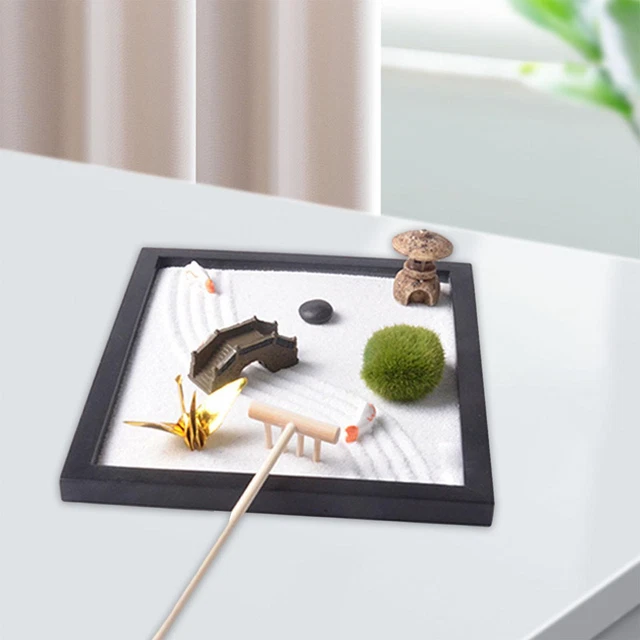 Plateau Jardin Zen En Bois Avec Sable Blanc Et Pierres - Mini Bac à Sable Pour Méditation, Bureau Et Décoration Apaisante