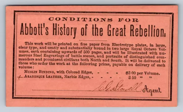 VTC ABBOTTS HISTORY OF THE GREAT REBELLION ADV card G BILL publisher CIVIL WAR