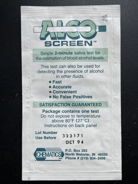 VINTAGE Use By 1994 Chematics Inc ALCO SCREEN 2 Minute Blood Alcohol Saliva Test