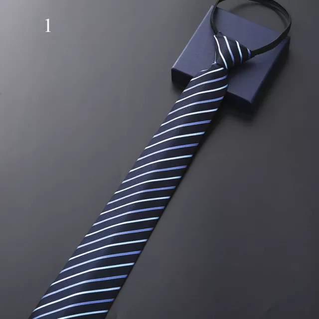 Mens Solid Color Ready Knot Pre Tied Formal Zipper Tie Neck Wear Striped Necktie 10