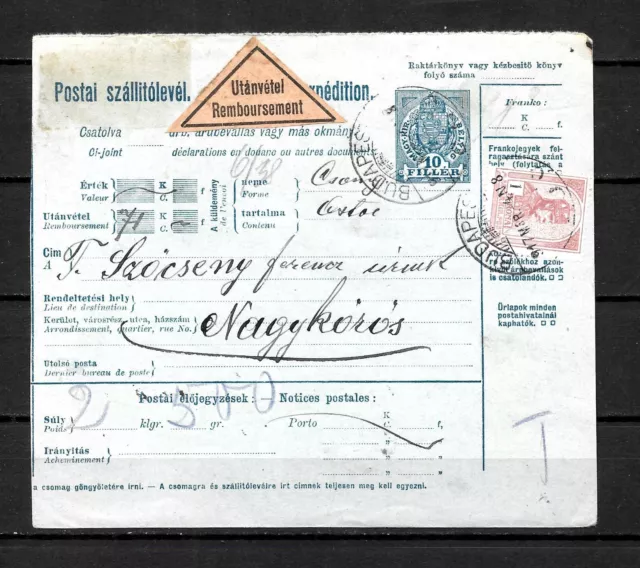 Hungary 1K turul stp COD parcel card Budapest 4/3/1917 to Nagy-Körös discounted