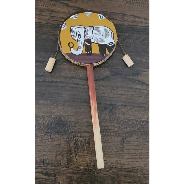 Handheld African Pellet Drum Leather Handmade Vintage Unique Elephant 2 Sided