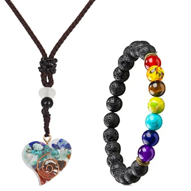 2Pcs Yoga Energy 7 Chakra Natural Stone Necklace Bracelet Reiki Healing Amulet