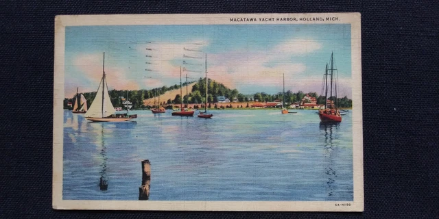 Antique Linen Postcard~ Macatawa Yacht Harbor~ Holland Michigan