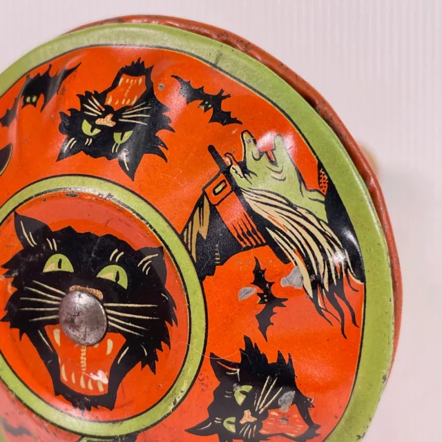 Kirchhof Halloween Noisemaker Rattle Tin Litho Black Scary Cat Green Witches 3