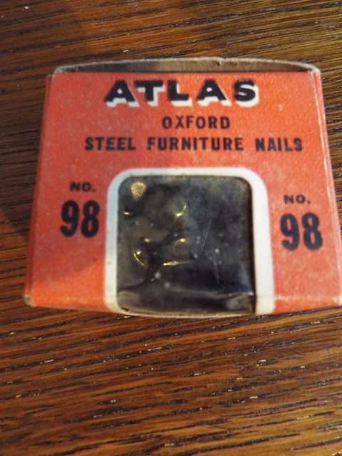 1940 Atlas Oxford Steel Furniture Nails # 98 Orange Box - 28 pieces Atlas Tacks