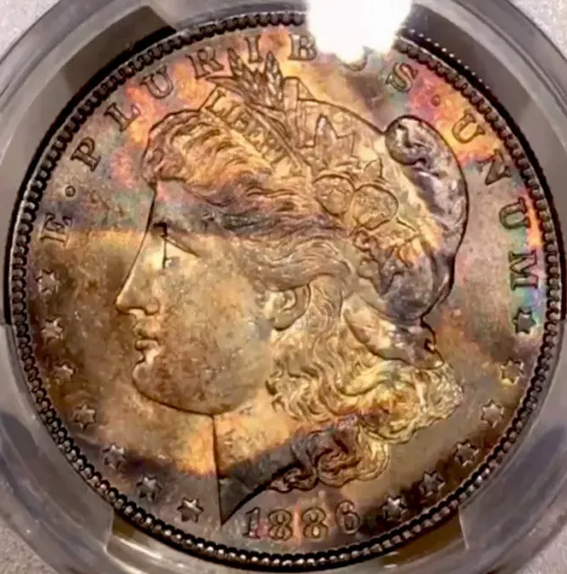 1886-P Morgan Dollar PCGS MS63 Vivid EOR Defined Lines Rainbow Toned W/Video 2