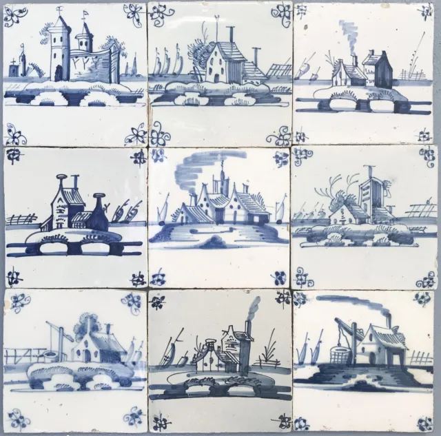 Nice field of 9 Dutch Delft Blue tiles, farms, circa 1800.