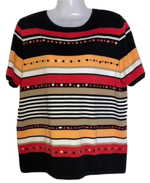 Samantha Grey Womens Size Medium Red Orange Brown Short Sleeve Sequins Bling