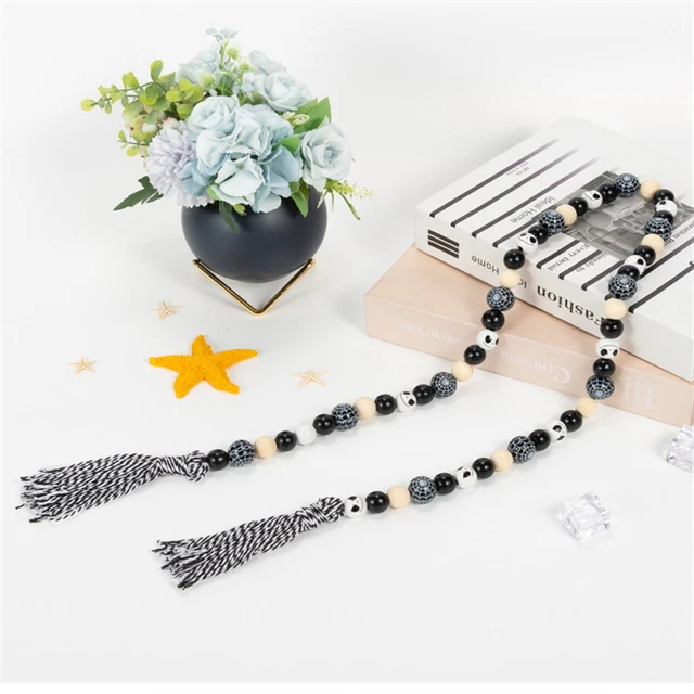 20XHalloween Holzschädel Grimasse Runde Perle Schmuckherstellung Hanfseil Quaste 8