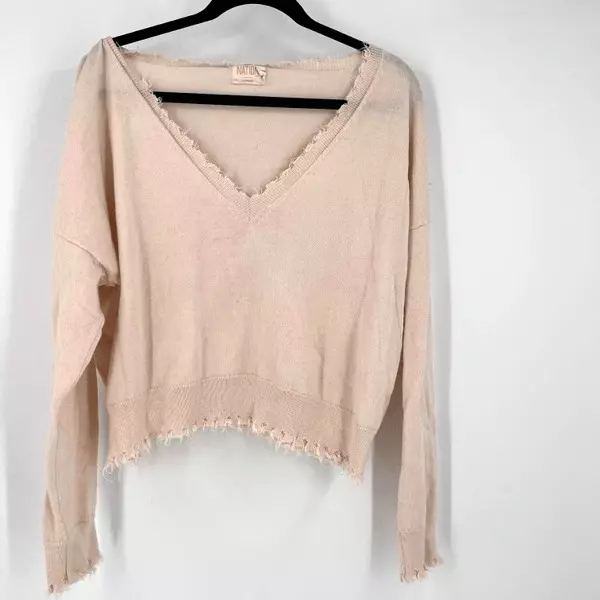 Nation LTD Jolie V-Neck Distressed Sweater Medium Cotton Alpaca Light Pink  Boxy