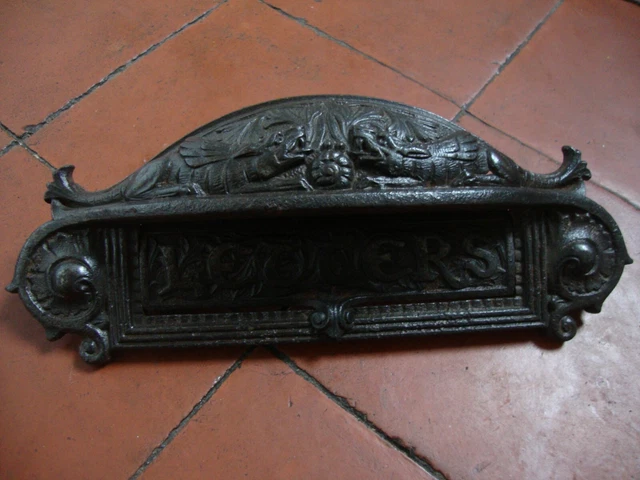 Antique unusual hooded Kenrick No 23 cast iron letterbox. Rd no for 1888