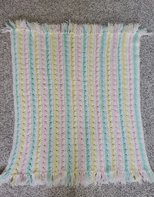 Handmade Crochet Pastel Baby Afghan Crib Blanket Pink Yellow Green White 36"x40"