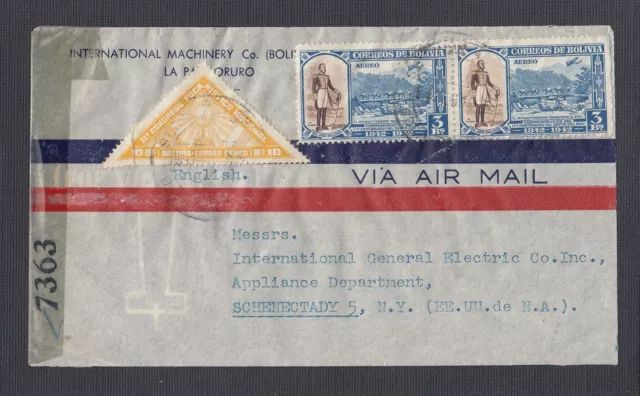 Bolivia 1943 Wwii Censored Airmail Cover Oruro To Schenectady New York Usa 
