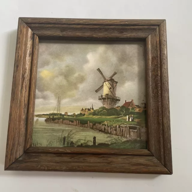 Framed Tile Hand Painted Windmill Mid State Ceramic Holland Vintage Decor Vgc