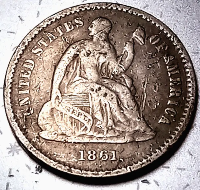 1861 LIBERTY SEATED Silver HALF-DIME, Obsolete U.S. Civil War ODD TYPE Coin #LC7