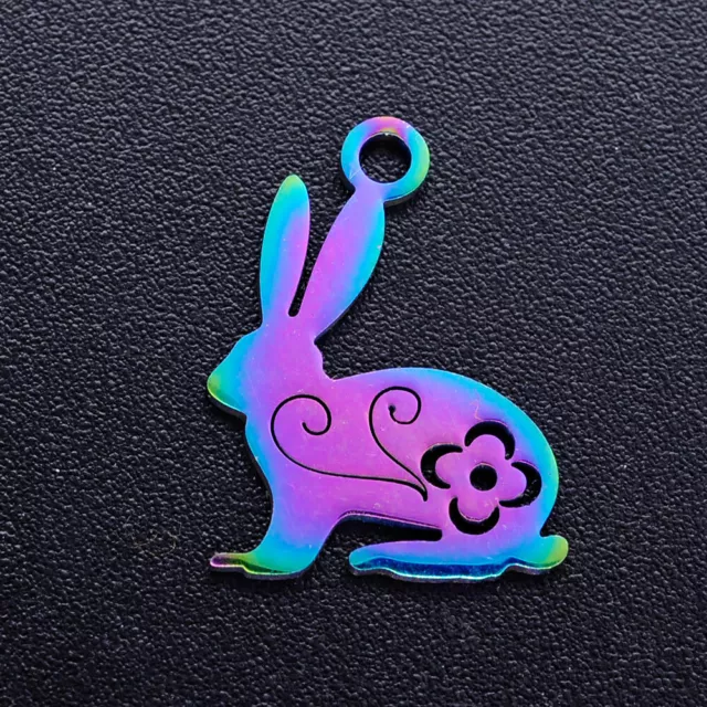 Rainbow Easter Bunny Charm Stainless Steel Metal Floral Rabbit Jewelry Pendant