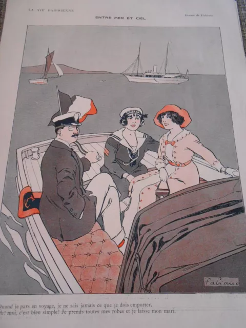 Entre Mer et Ciel Marine Bateau dessin Fabiano Print Art Déco 1912