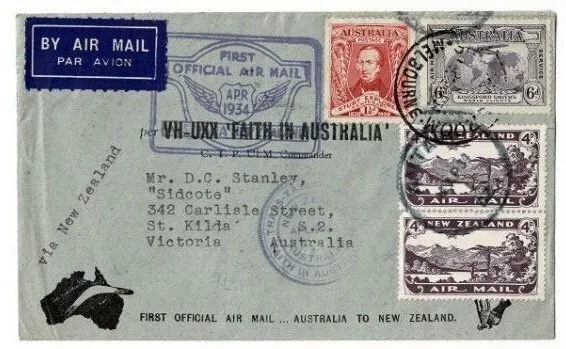 Stamps various issues 1934 Faith in Australia to New Zealand flight cover