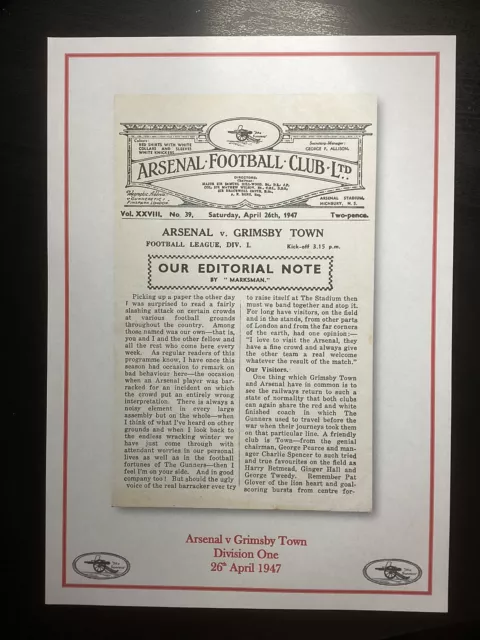 1946-47 Arsenal v Grimsby Town Division 1 Programme PRINT