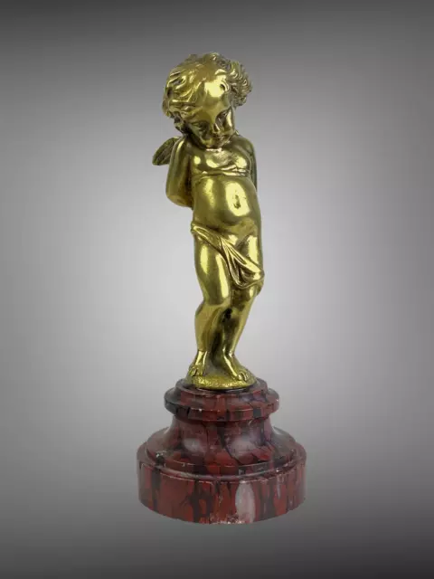 CHERUBIN EN BRONZE DORÉ DU XIXe MONTÉ SUR SOCLE MARBRE GRIOTTE DE 12 CM DE HAUT