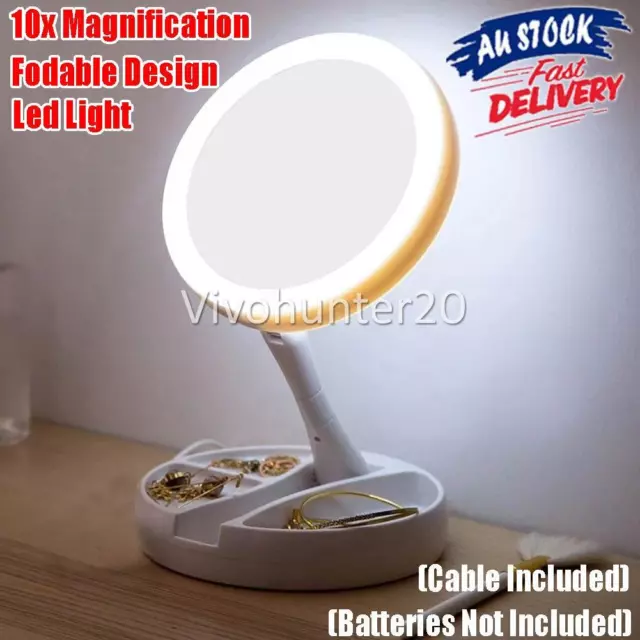 Double Side Makeup Mirror 10X Magnifying Folding Beauty with LED Light Bathroom