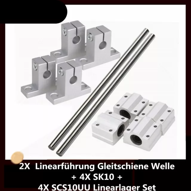 2X 10mm Linearführung Gleitschiene Welle + 4X SK10 + 4X SCS10UU Linearlager Set