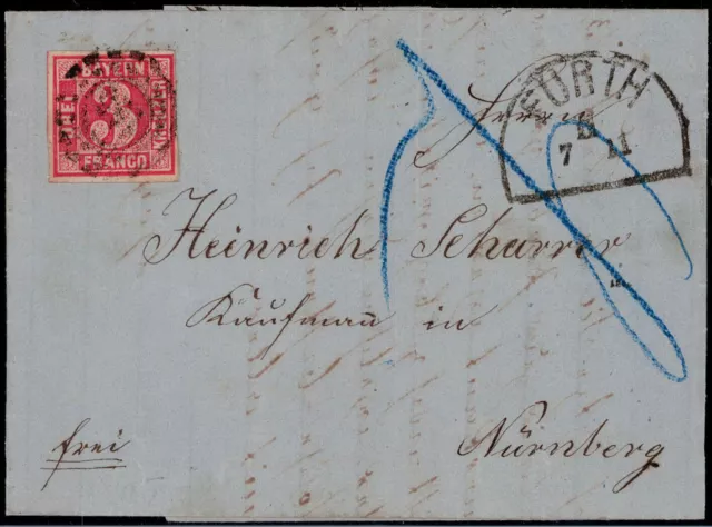 Bayern; 3 Kr. rot, vollrandiges Stk OMR  "145" FÜRTH auf Brief 1865, Nürnberg