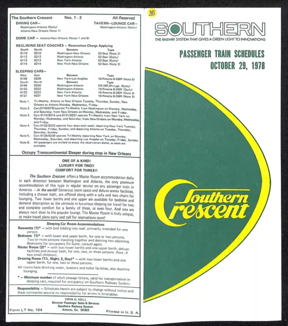 Southern Crescent Railroad Train Schedule 1978  Atlanta - D.C.