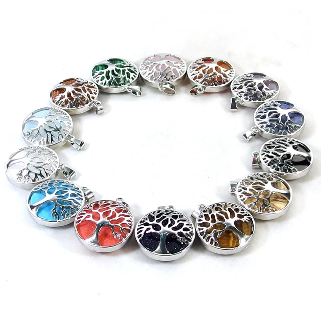Natural Gemstone Chakra Crystal Healing Life Tree Shape Charms Pendant Necklace