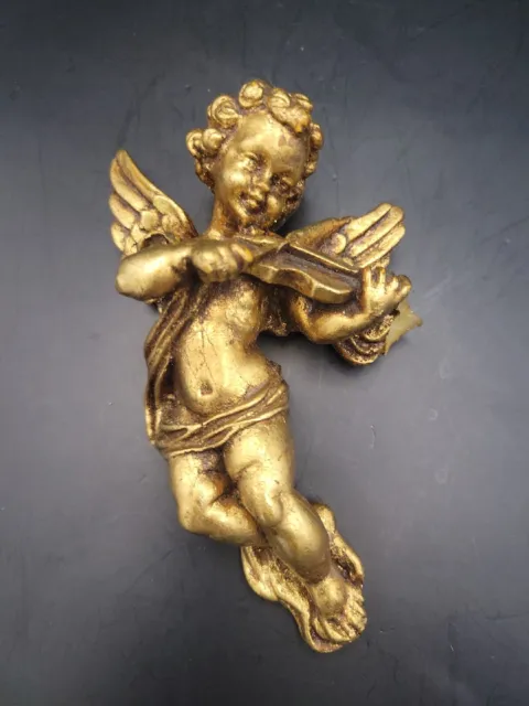 Vintage Wooden Hand Carved & Painted Gold Cherub Angel Wall Hanging Figurine