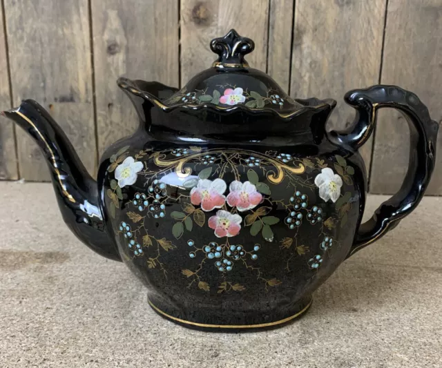 Arthur Wood Chatsworth England Black Floral TEAPOT Mid Century 2