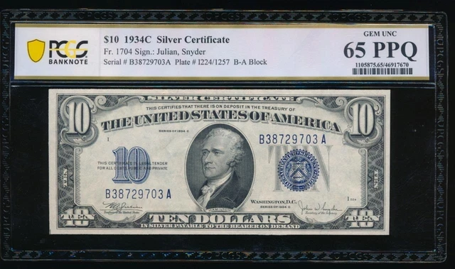 AC Fr 1704 1934C $10 Silver Certificate PCGS 65 PPQ  Gem !!!