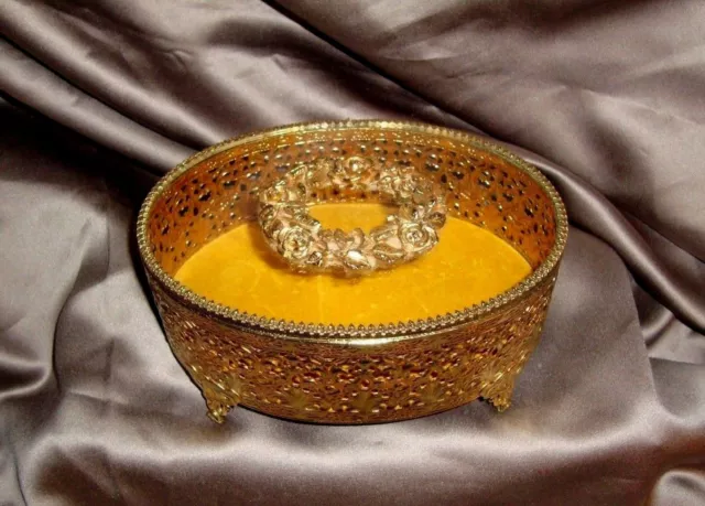 Lrg Oval Gold Filigree Ormolu Casket Bevel Glass Top Gilt Rose Wreath Vanity Box