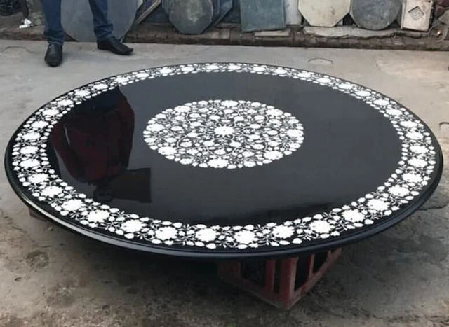 Floral Inlay Round Marble Center Table Top, Handmade Dining Table, Coffee Table