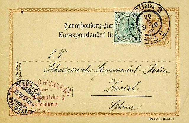 Österreich 1898 3kr Auf 2kr Franz Josef Postal Karte Brunn Sich Zuerich Schweiz