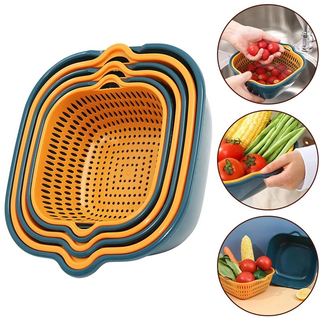 Set De 3 Passoires 2 En 1 à Double Couche – Pour Fruits, Légumes, Salades – Plastique Alimentaire (PP/PET) – Dimensions 14,5 X 14,5 X 7 Cm