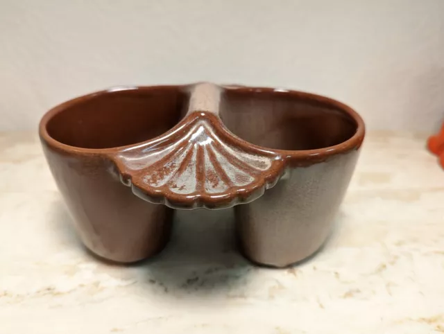 Vintage Brown Mid Century Modern Fan Frankoma Pottery Brown Divided Bowl Vase