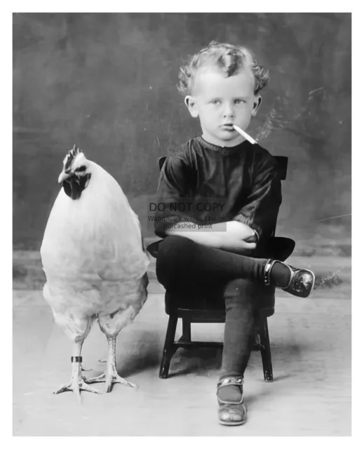 Vintage Child Smoking Cigarette Next To Giant Chicken Freak Creepy 8X10 Photo