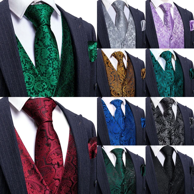 Barry Wang Mens Waistcoat Silk V-Neck Pockets Sleeveless Vest Tie Set Wedding