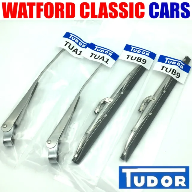 Genuine Tudor MG Midget Steel and Chrome Wiper Arms and 9inch Blades